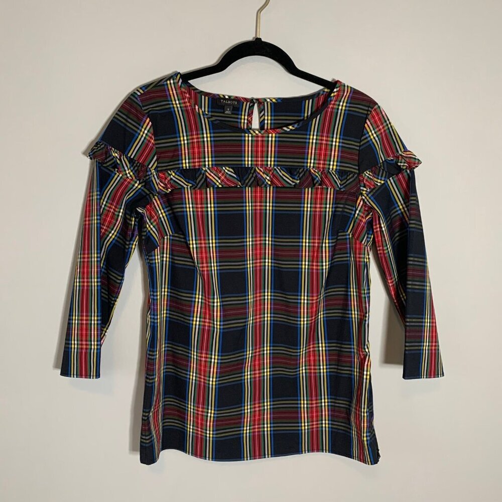 Talbots Plaid Ruffle Blouse Womens Size S Multi-Color 3/4 Sleeve Tartan Top